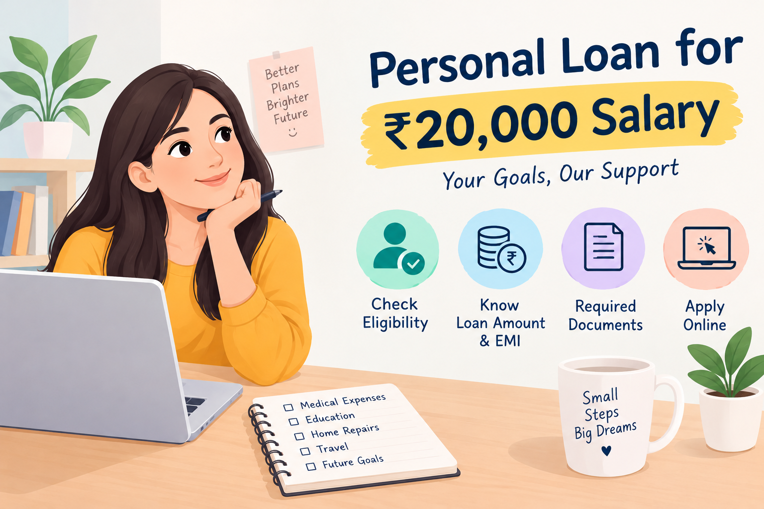 Personal loan for ₹20,000 salary infographic illustrating loan eligibility, loan amount and EMI, required documents, and online application steps for salaried employees in India.